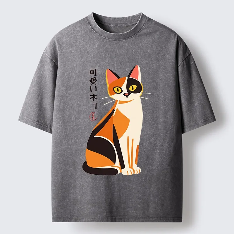 Tokyo-Tiger Cute Calico Cat Japanese Minimal Art Washed T-Shirt