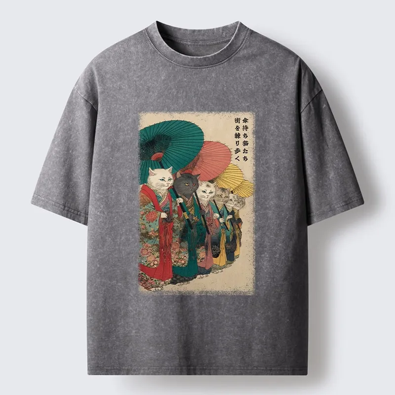 Tokyo-Tiger Kimono Cats Walk With Colorful Umbrellas Washed T-Shirt
