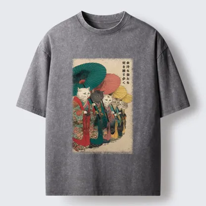 Tokyo-Tiger Kimono Cats Walk With Colorful Umbrellas Washed T-Shirt