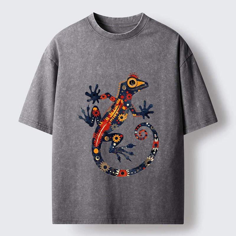 Tokyo-Tiger Colorful Folk Art Gecko Full Of Flowers Washed T-Shirt
