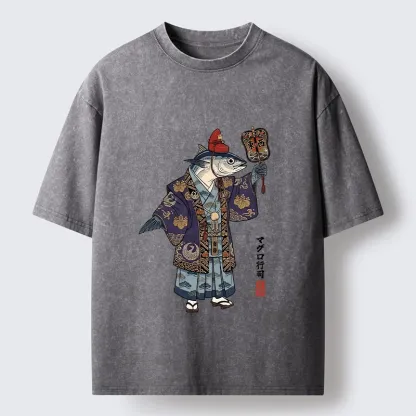 Tokyo-Tiger Fish Chef Holds Decorative Hand Fan Washed T-Shirt
