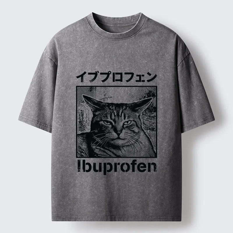 Tokyo-Tiger Tough Cat Loves Ibuprofen Pain Relief Washed T-Shirt
