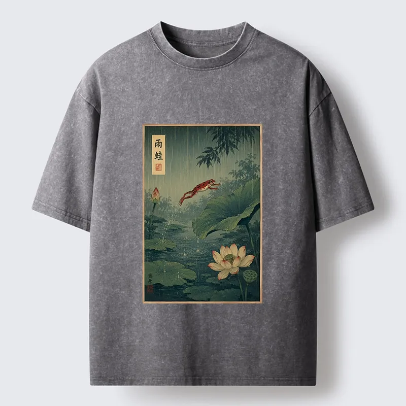 Tokyo-Tiger Vintage Asian Frog Jump Over Lotus Leaf Washed T-Shirt