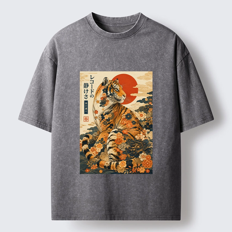 Tokyo-Tiger Vintage Floral Tiger Japanese Spring Art Washed T-Shirt