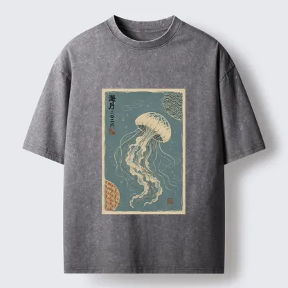Tokyo-Tiger Vintage Blue Jellyfish Underwater Art Washed T-Shirt
