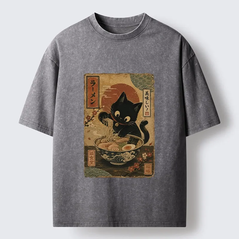 Tokyo-Tiger Japanese Cat Ramen Shop Poster Washed T-Shirt