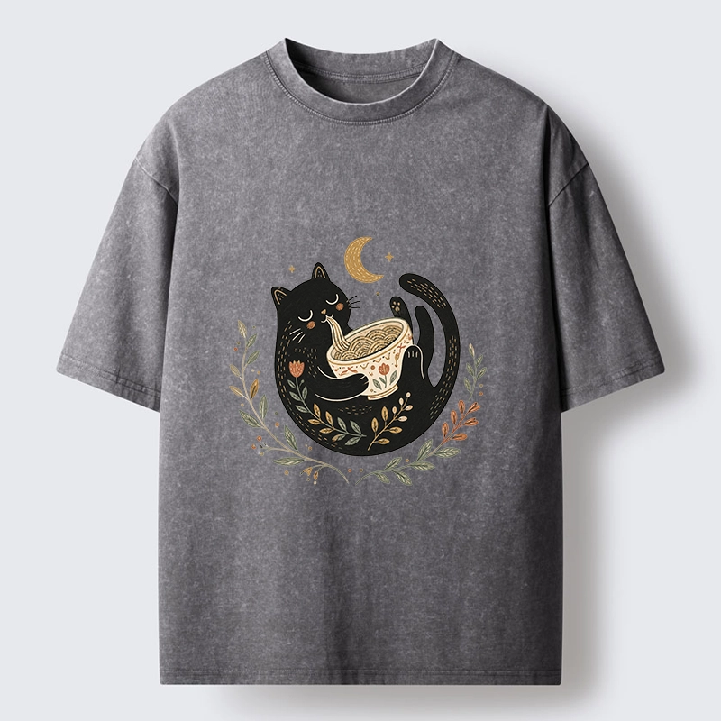 Tokyo-Tiger Soft Cute Black Cat Eat Noodle At Moon Washed T-Shirt