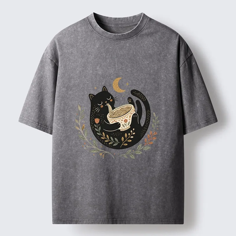 Tokyo-Tiger Soft Cute Black Cat Eat Noodle At Moon Washed T-Shirt