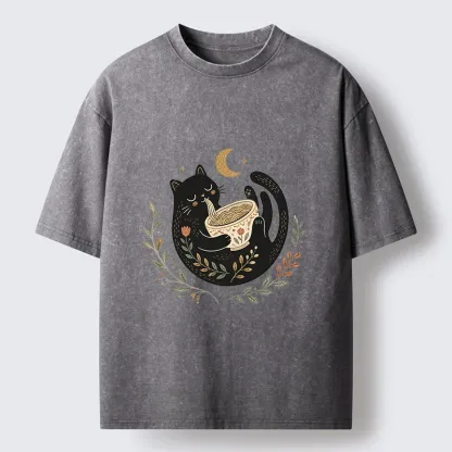 Tokyo-Tiger Soft Cute Black Cat Eat Noodle At Moon Washed T-Shirt
