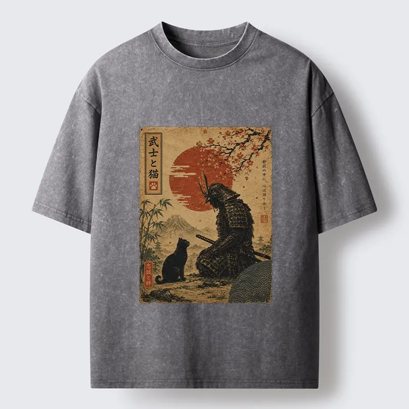 Tokyo-Tiger Samurai And Black Cat Mountain Washed T-Shirt