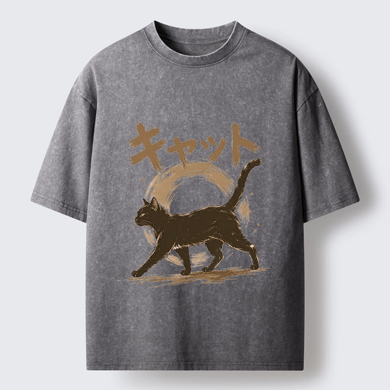 Tokyo-Tiger Retro Brush Stroke Black Cat Walking Washed T-Shirt