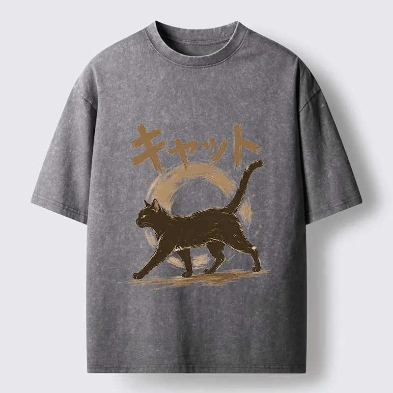 Tokyo-Tiger Retro Brush Stroke Black Cat Walking Washed T-Shirt