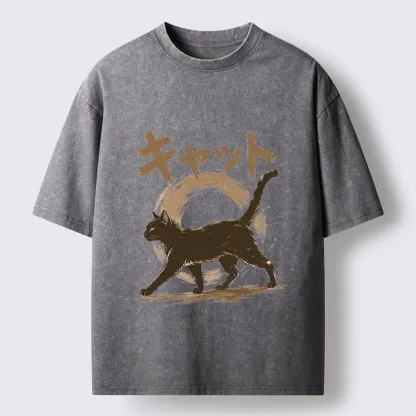 Tokyo-Tiger Retro Brush Stroke Black Cat Walking Washed T-Shirt