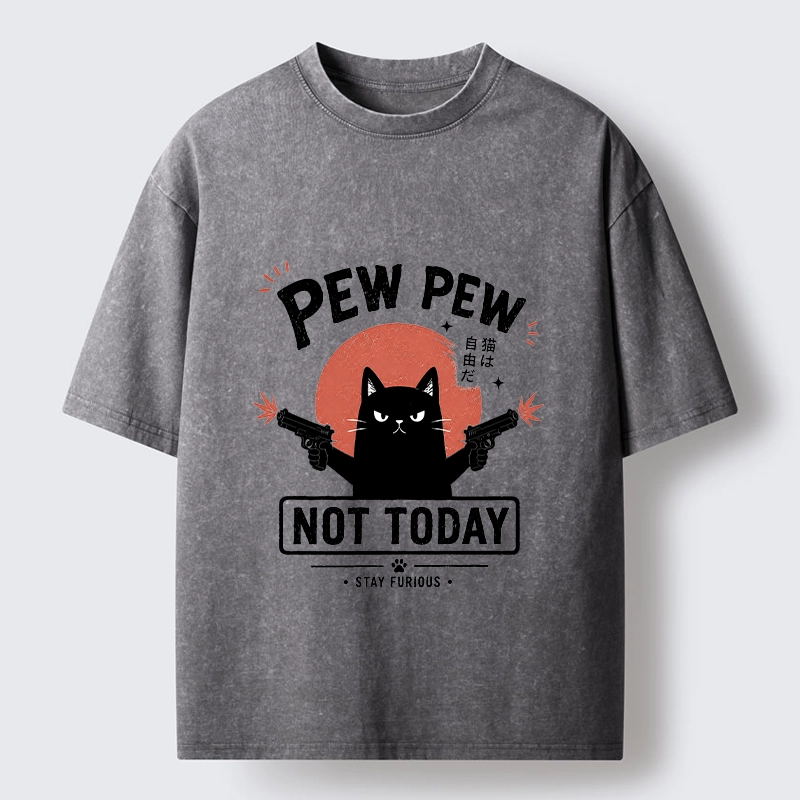 Tokyo-Tiger Not Today Black Cat Dual Pistols Mode Washed T-Shirt