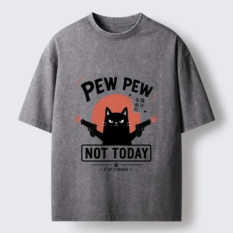 Tokyo-Tiger Not Today Black Cat Dual Pistols Mode Washed T-Shirt
