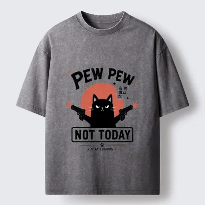 Tokyo-Tiger Not Today Black Cat Dual Pistols Mode Washed T-Shirt
