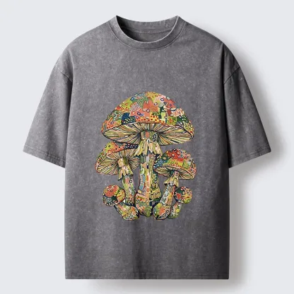 Tokyo-Tiger Tiny Black Cat Under Wild Rainbow Mushrooms Washed T-Shirt