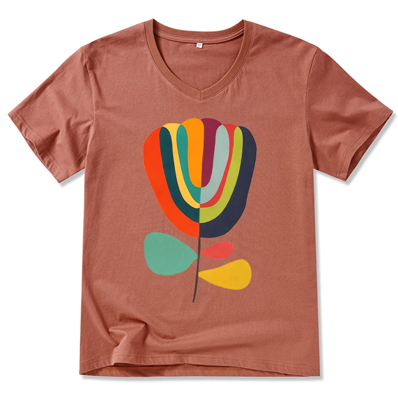 Tokyo-Tiger Colorful Flower Minimalist Print V-Neck Classic T-Shirt