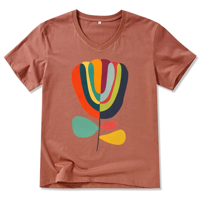 Tokyo-Tiger Colorful Flower Minimalist Print V-Neck Classic T-Shirt