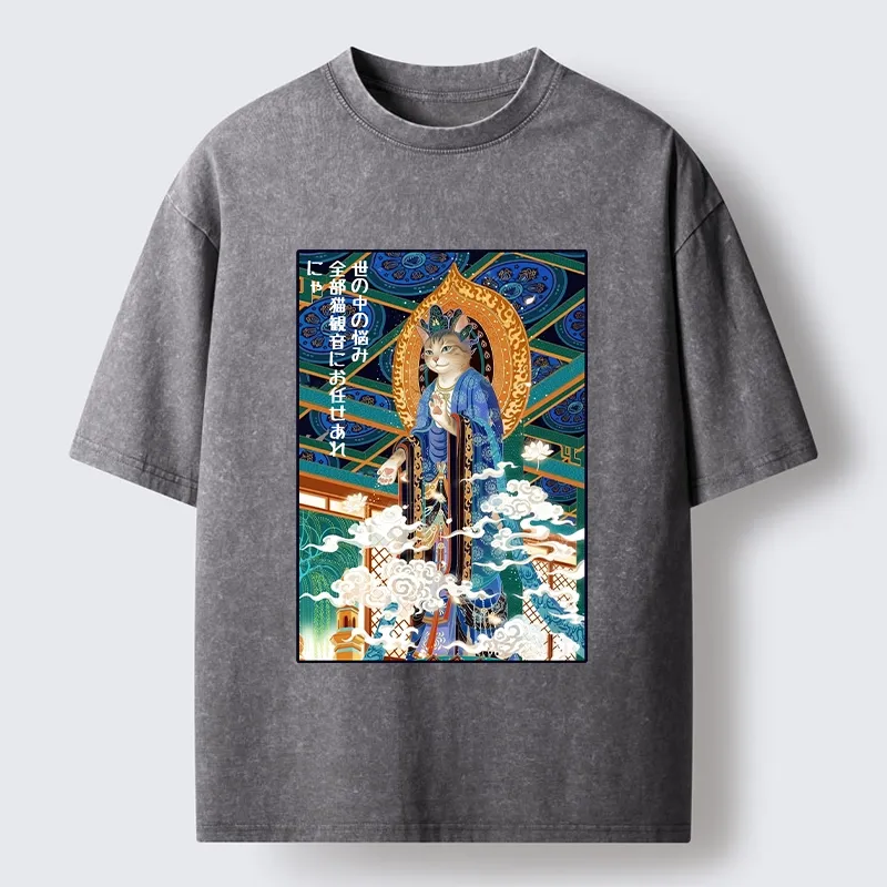 Tokyo-Tiger Peaceful Cat Buddha Asian Graphic Washed T-Shirt