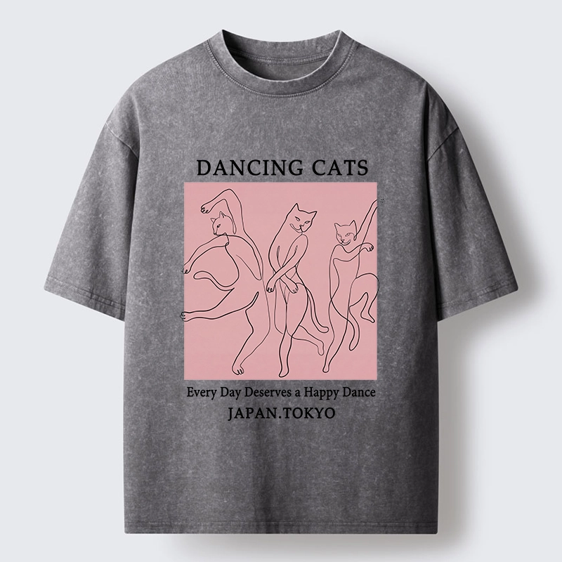 Tokyo-Tiger Happy Dance Cats Minimal Graphic Washed T-Shirt