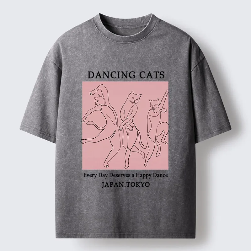 Tokyo-Tiger Happy Dance Cats Minimal Graphic Washed T-Shirt