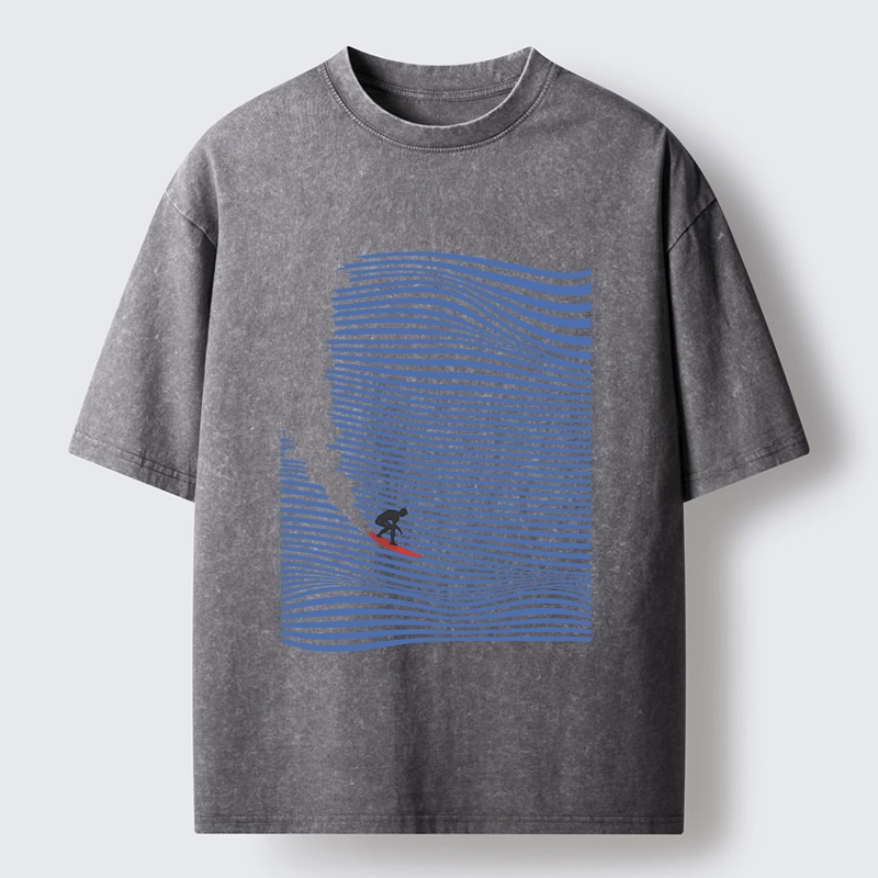 Tokyo-Tiger Ocean Line Surf Graphic Print Washed T-Shirt