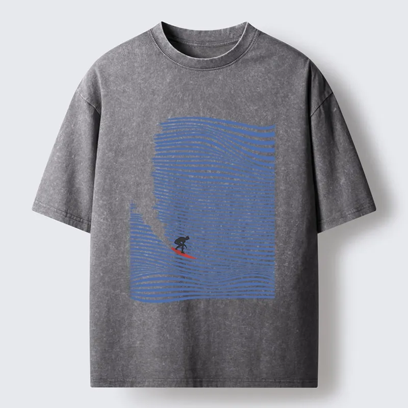 Tokyo-Tiger Ocean Line Surf Graphic Print Washed T-Shirt
