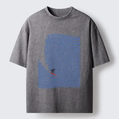 Tokyo-Tiger Ocean Line Surf Graphic Print Washed T-Shirt