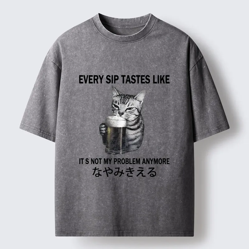 Tokyo-Tiger Chill Beer Cat Relax Graphic Washed T-Shirt Sale