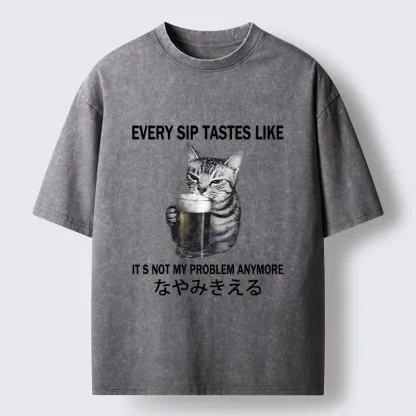 Tokyo-Tiger Chill Beer Cat Relax Graphic Washed T-Shirt