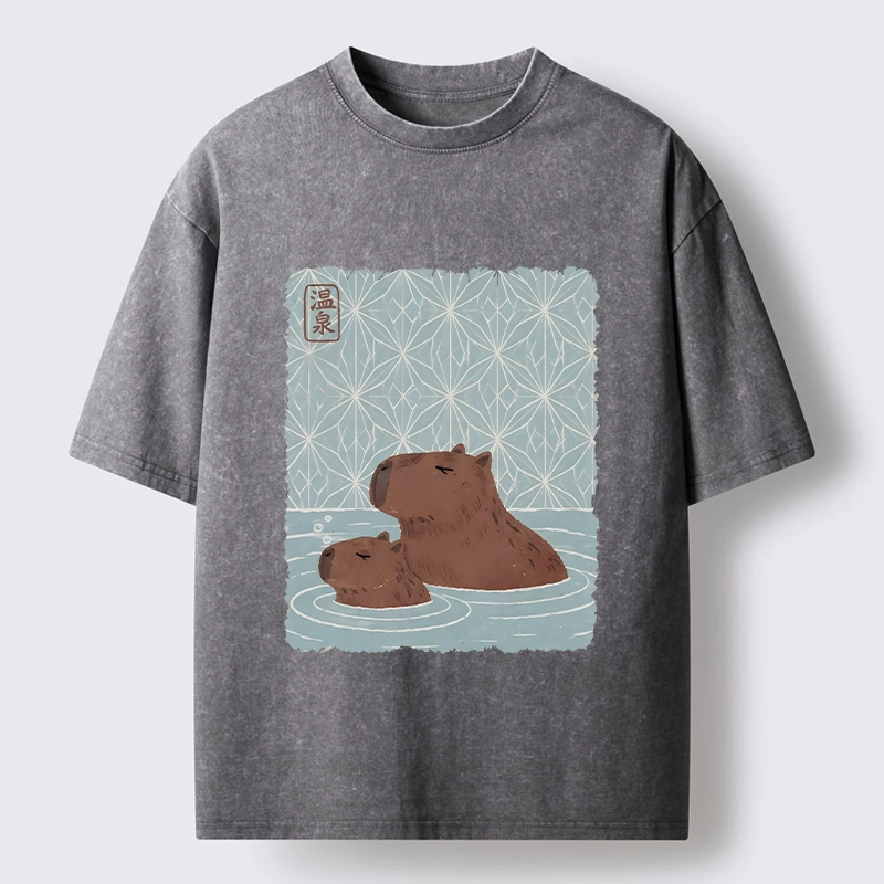 Tokyo-Tiger Onsen Capybara Calming Art Washed T-Shirt