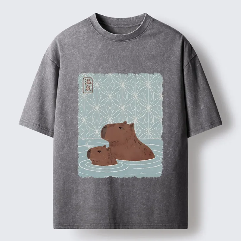 Tokyo-Tiger Onsen Capybara Calming Art Washed T-Shirt Sale
