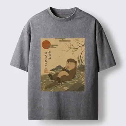 Tokyo-Tiger Floating Otter Relax Japanese Art Washed T-Shirt