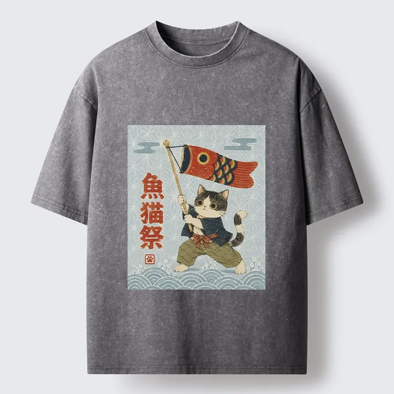 Tokyo-Tiger Koinobori Festival Cat Japanese Print Washed T-Shirt Sale