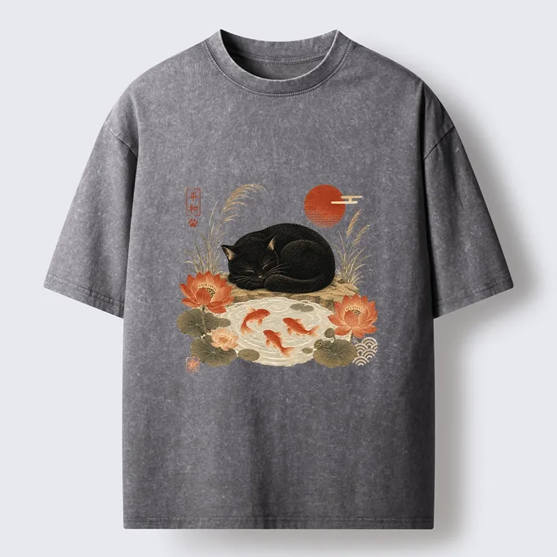 Tokyo-Tiger Peace Lotus Black Cat Koi Art Washed T-Shirt