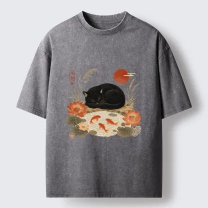 Tokyo-Tiger Peace Lotus Black Cat Koi Art Washed T-Shirt