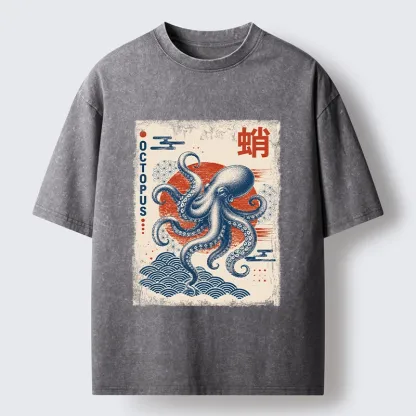 Tokyo-Tiger Vintage Japanese Octopus Wave Art Washed T-Shirt