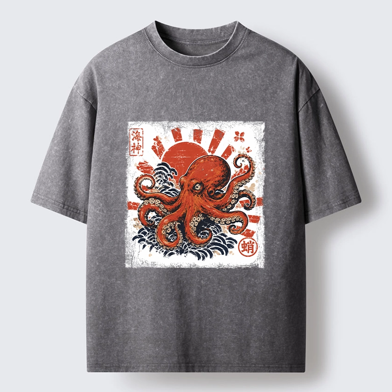 Tokyo-Tiger Bold Red Ocean Octopus Graphic Washed T-Shirt