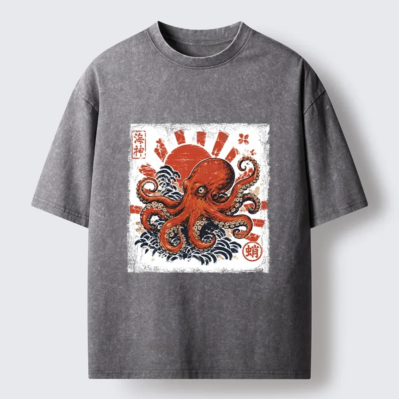 Tokyo-Tiger Bold Red Ocean Octopus Graphic Washed T-Shirt
