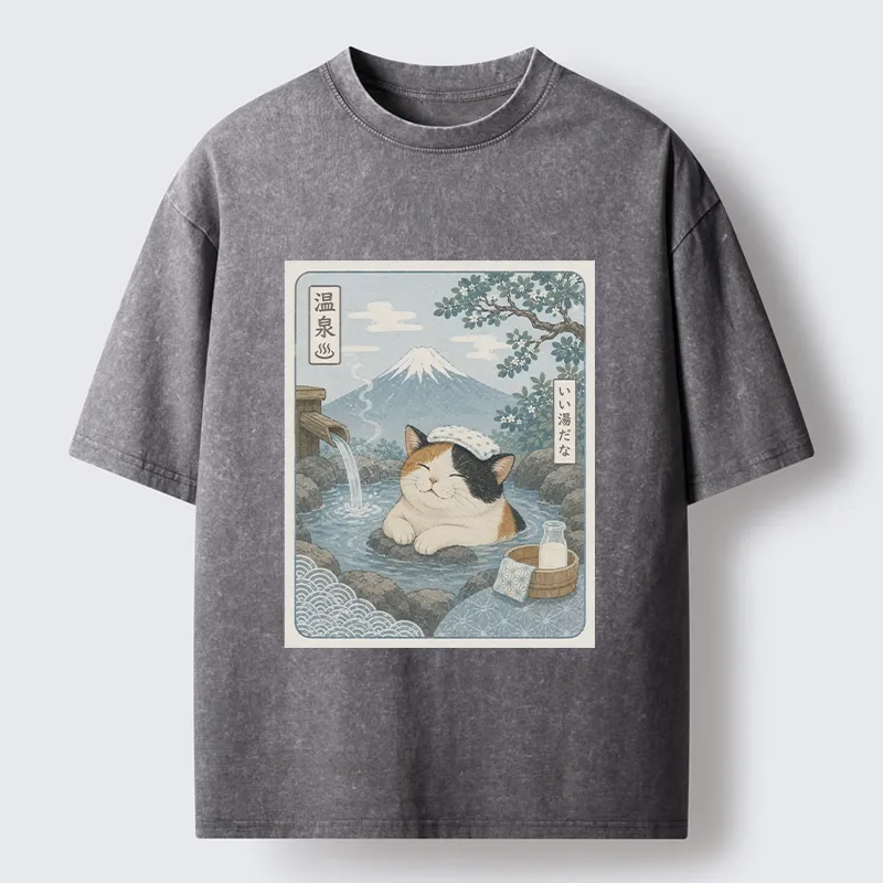 Tokyo-Tiger Mount Fuji Onsen Cat Calming Art Washed T-Shirt