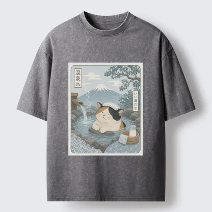 Tokyo-Tiger Mount Fuji Onsen Cat Calming Art Washed T-Shirt