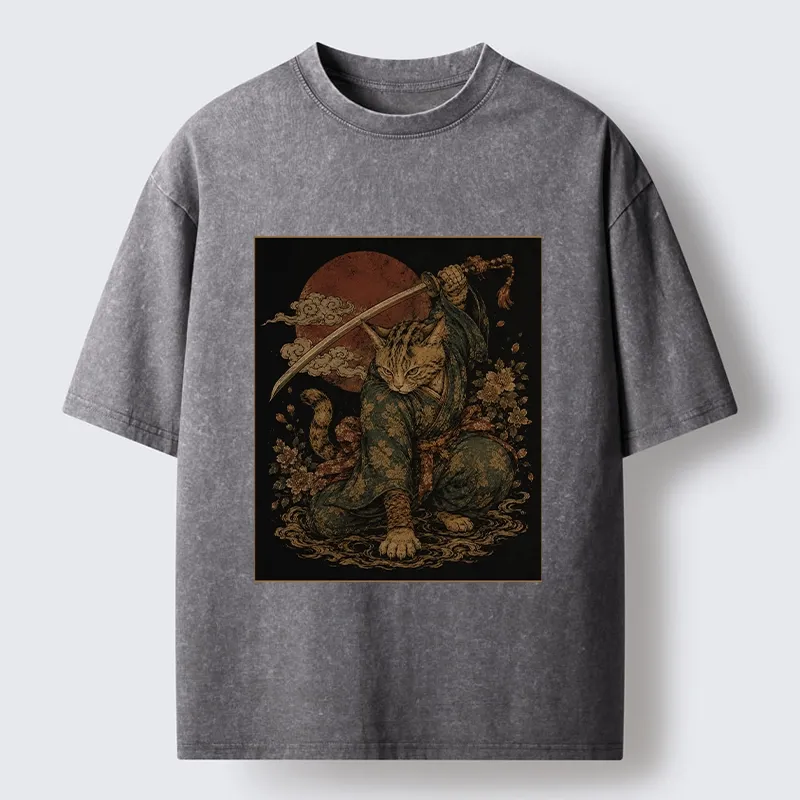 Tokyo-Tiger Samurai Cat Sword Floral Japanese Art Washed T-Shirt Sale