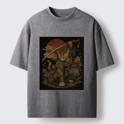 Tokyo-Tiger Samurai Cat Sword Floral Japanese Art Washed T-Shirt