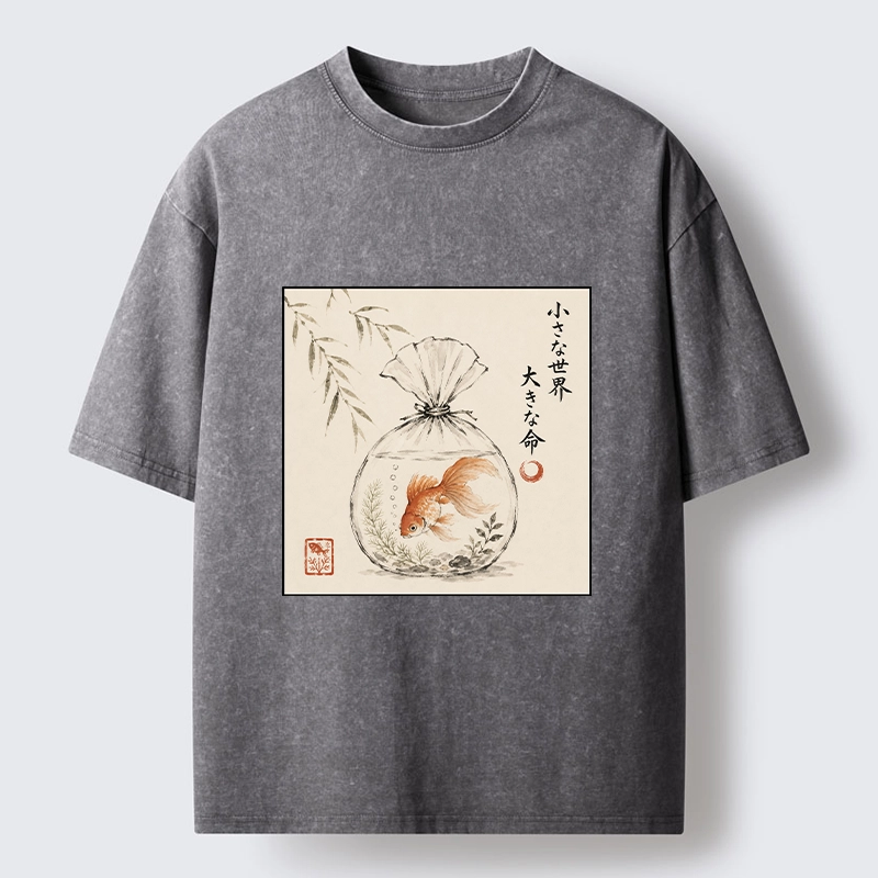 Tokyo-Tiger Goldfish Bag Minimal Ink Art Washed T-Shirt