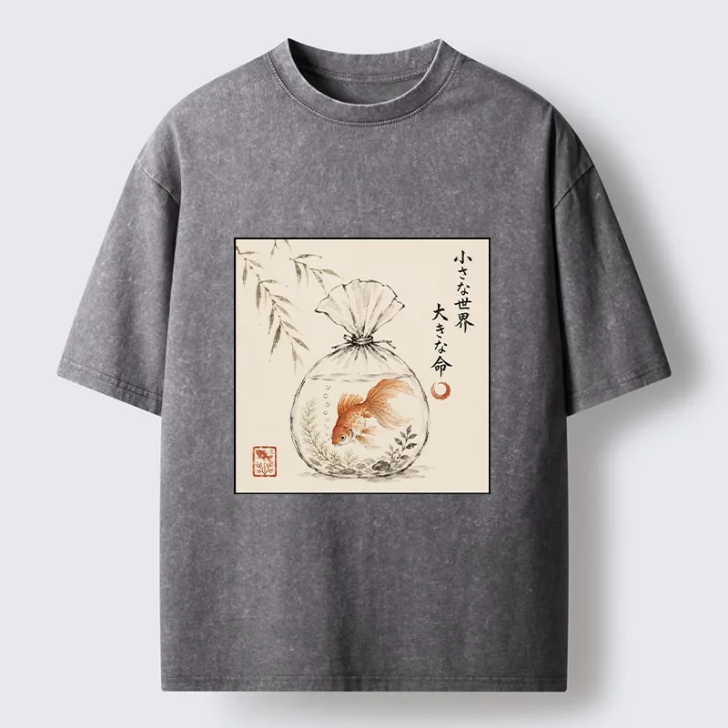 Tokyo-Tiger Goldfish Bag Minimal Ink Art Washed T-Shirt