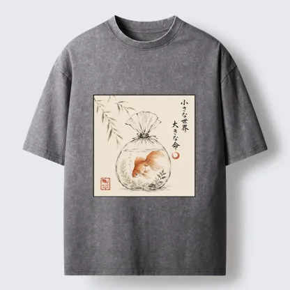 Tokyo-Tiger Goldfish Bag Minimal Ink Art Washed T-Shirt