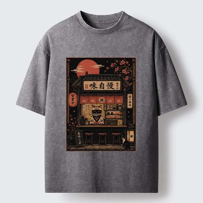 Tokyo-Tiger Cat Sushi Shop Retro Street Art Washed T-Shirt
