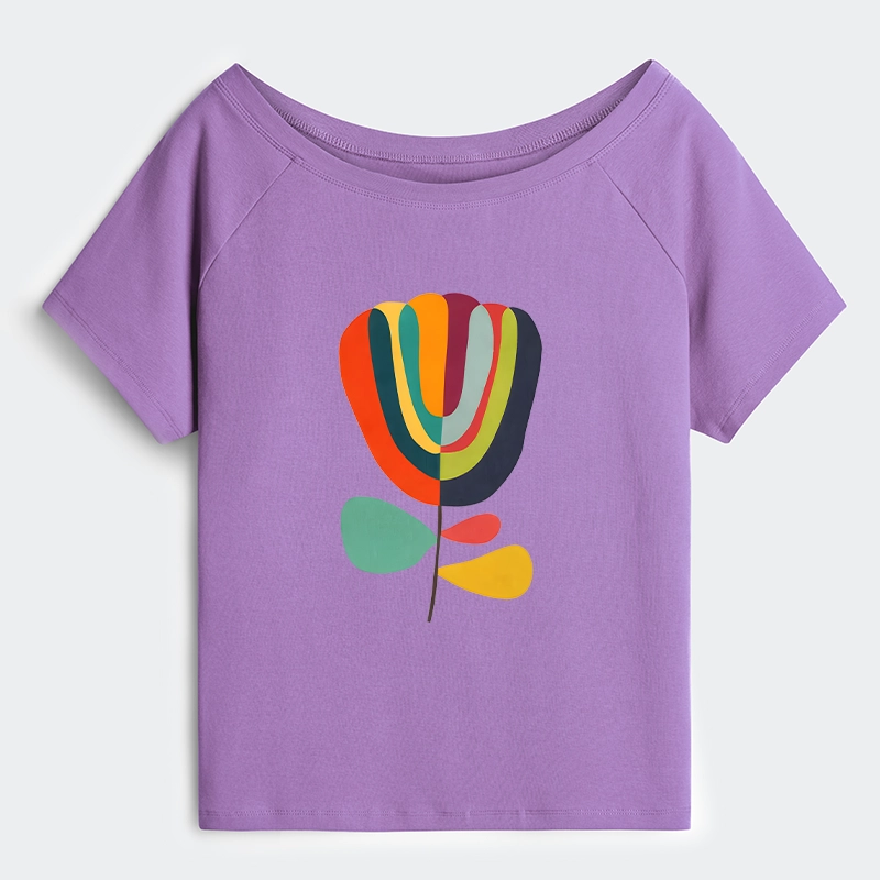 Tokyo-Tiger Colorful Flower Minimalist Print Off Shoulder T-Shirt
