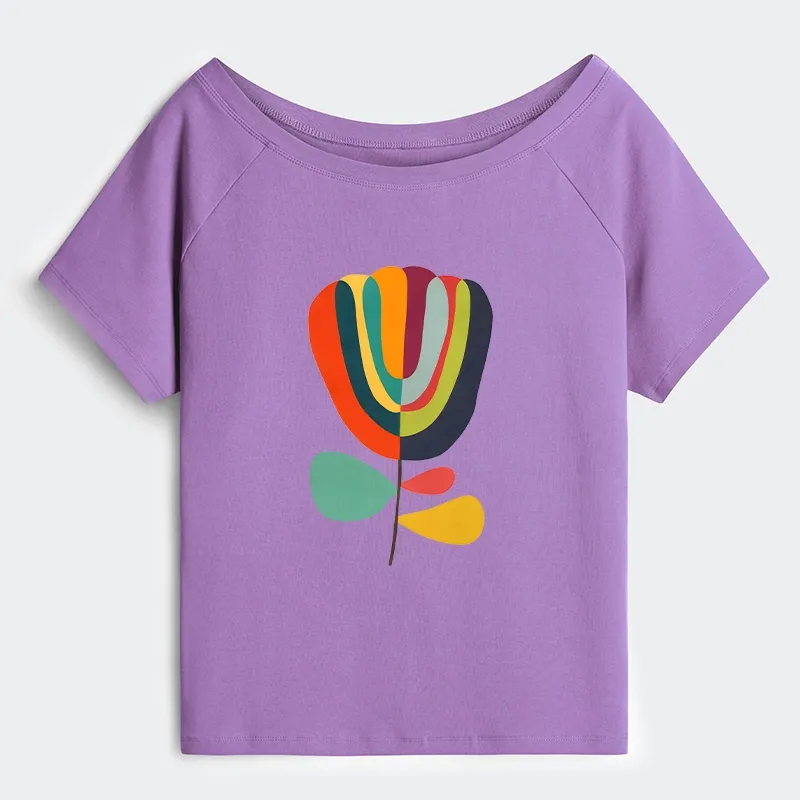 Tokyo-Tiger Colorful Flower Minimalist Print Off Shoulder T-Shirt